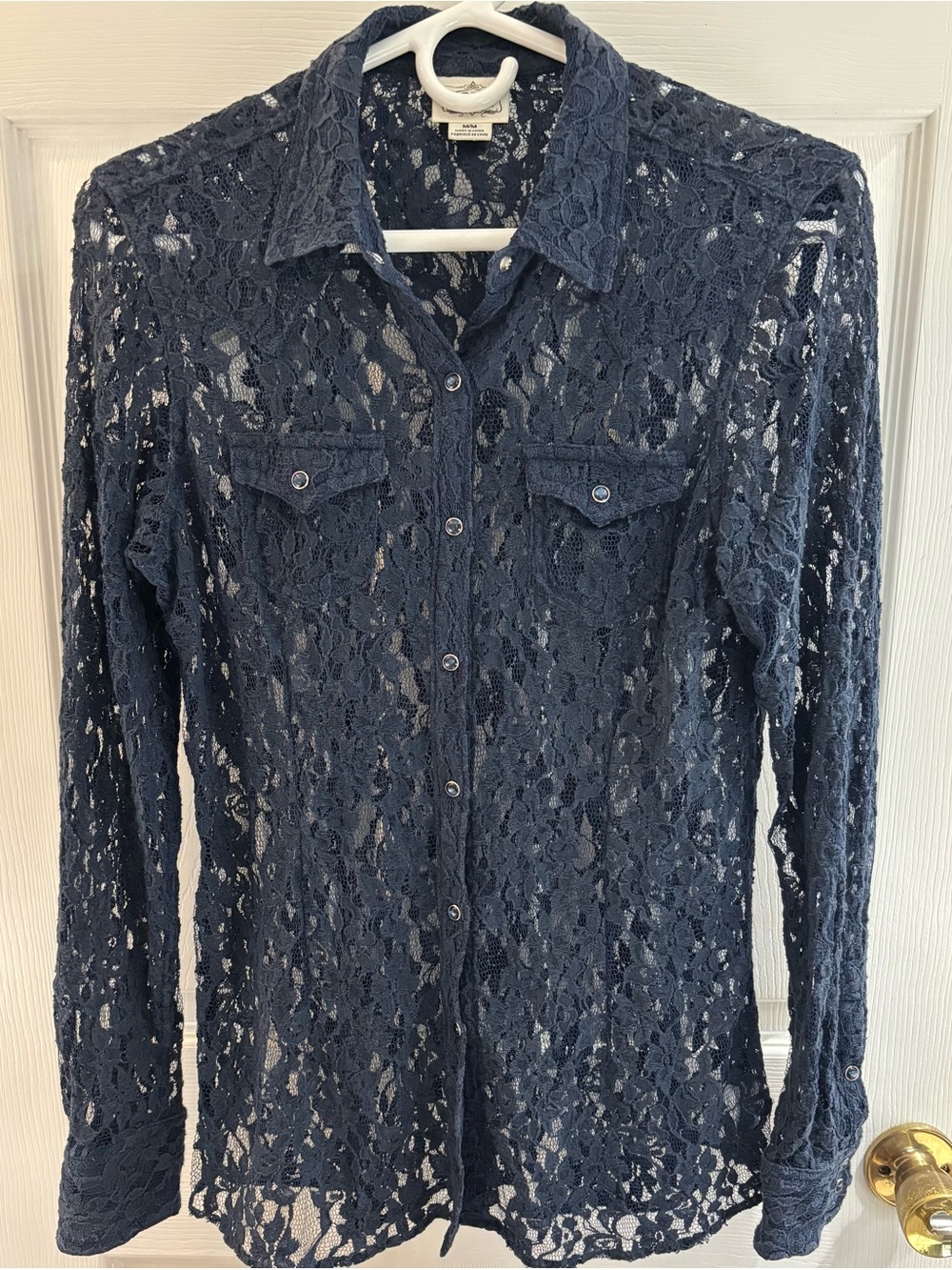 Ariat Lace Sheer Navy Top Womens Medium Pearl Snap Button Up